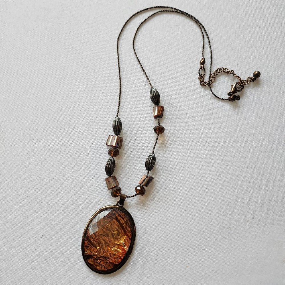 Amber Glass Pendant Long Beaded Necklace